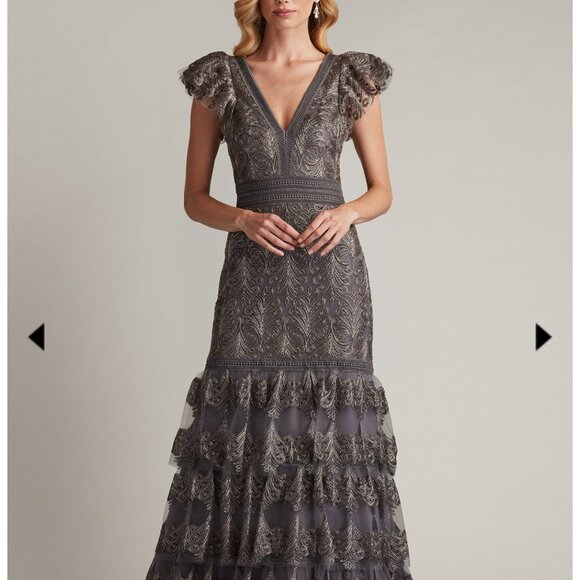 Mother of Bride/Groom: Beautiful Pewter Tadashi Shoji Bohemian Formal Dress - Picture 1 of 6